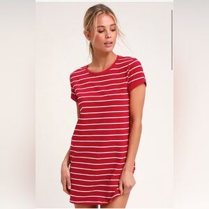 Lulus Cafe Society Red and White Striped Shirt Dress